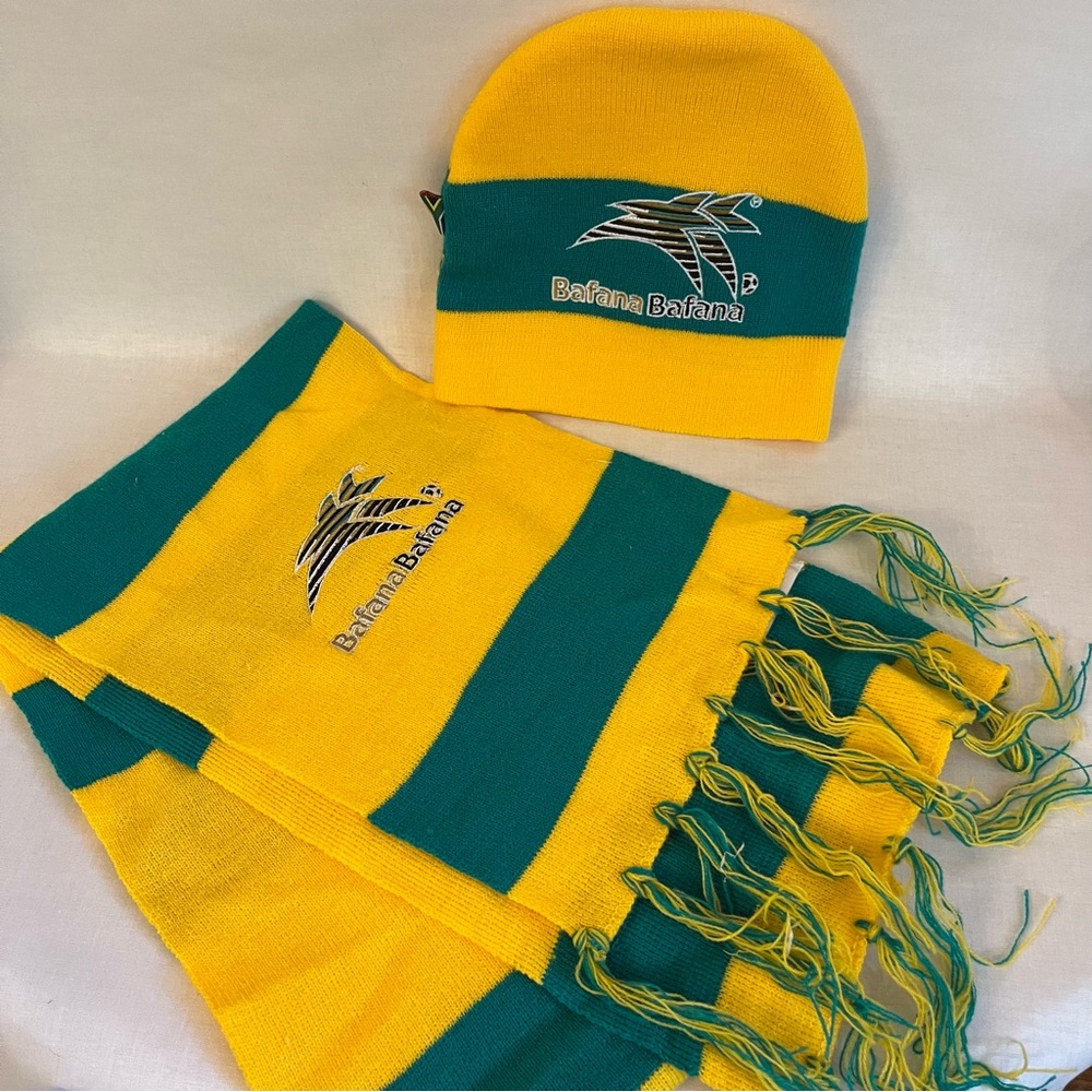 Bafana Bafana knit scarf and beanie cap. South Africa Football. 58 x 9” NWOT